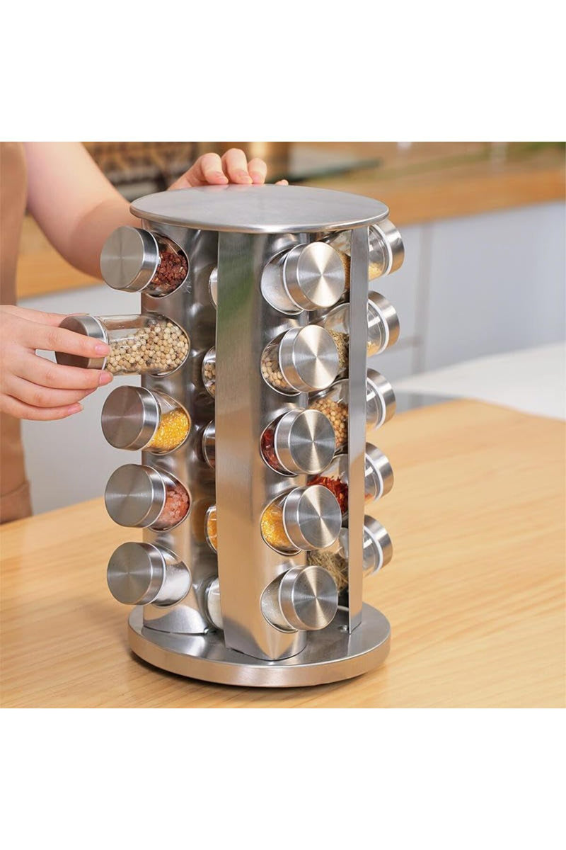 Revolving Spice Rack – 20-Piece Stainless Steel Spice Tower Organizer with Glass Jars