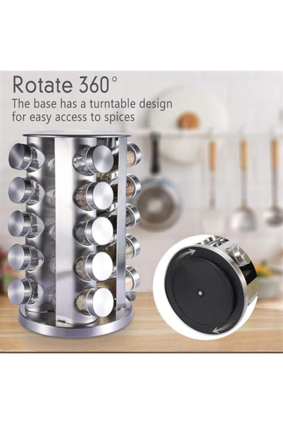 Revolving Spice Rack – 20-Piece Stainless Steel Spice Tower Organizer with Glass Jars