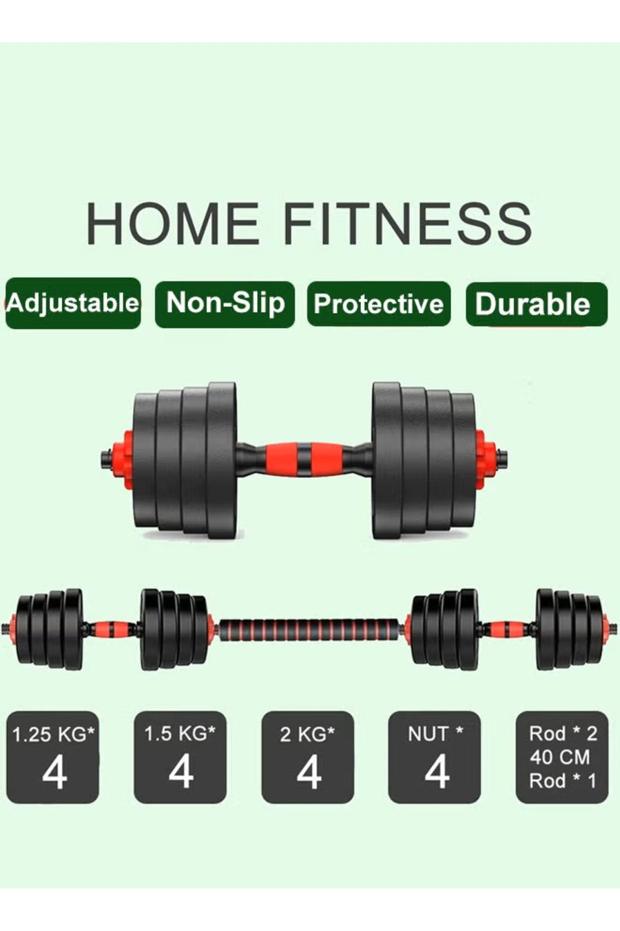 Adjustable Dumbbell Barbell Complete Set – size reference