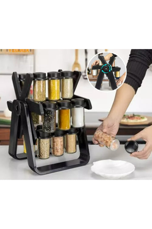 Spice Jar Rack Set with Rotating Stand – 18-Piece Airtight Seasoning Containers for Kitchen Storage