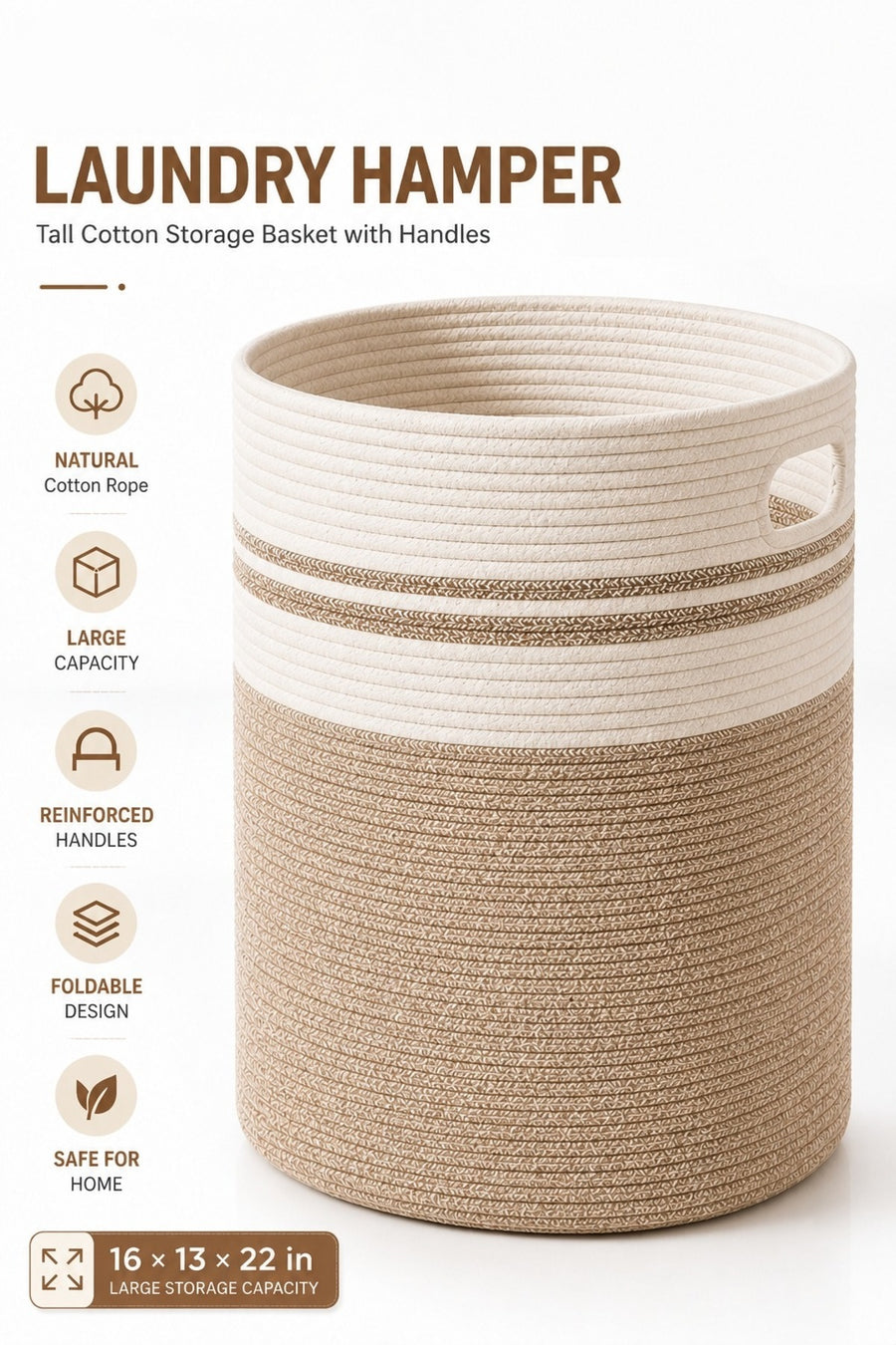 Large Cotton Laundry Hamper Basket – front view beige