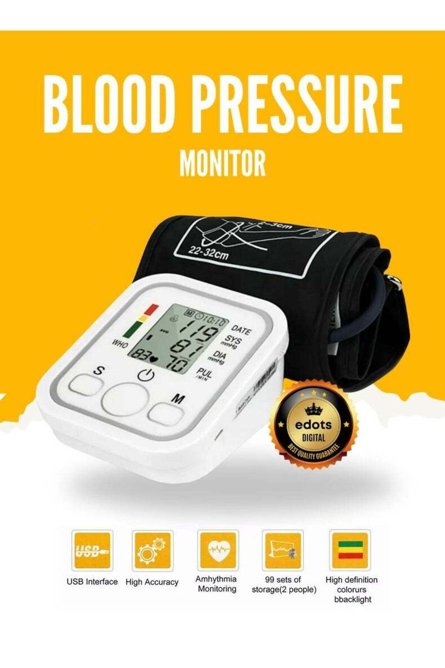 Digital Upper Arm Blood Pressure Monitor – front view with display on