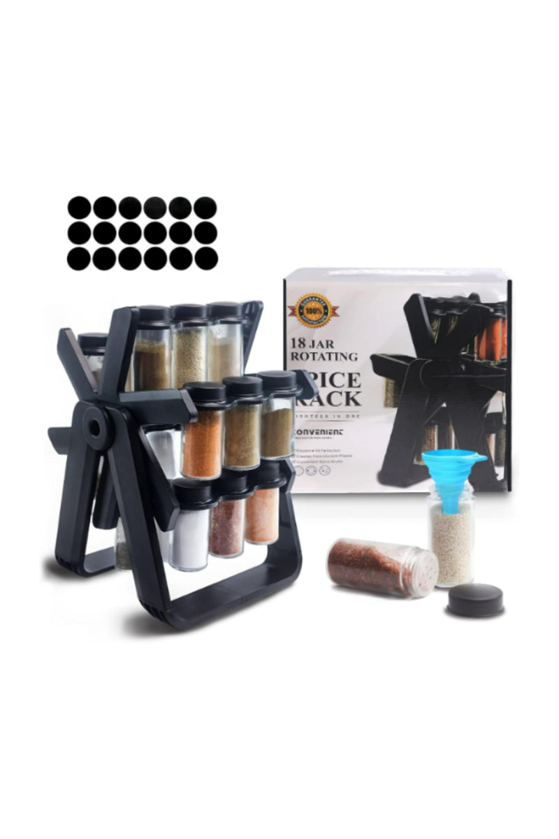 Spice Jar Rack Set with Rotating Stand – 18-Piece Airtight Seasoning Containers for Kitchen Storage