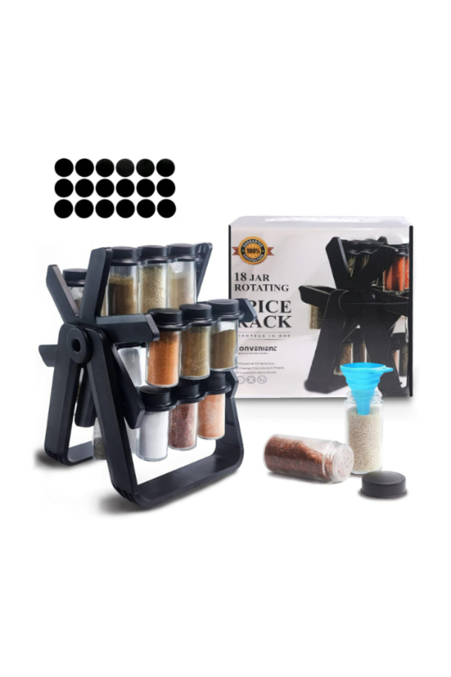 Spice Jar Rack Set with Rotating Stand – 18-Piece Airtight Seasoning Containers for Kitchen Storage