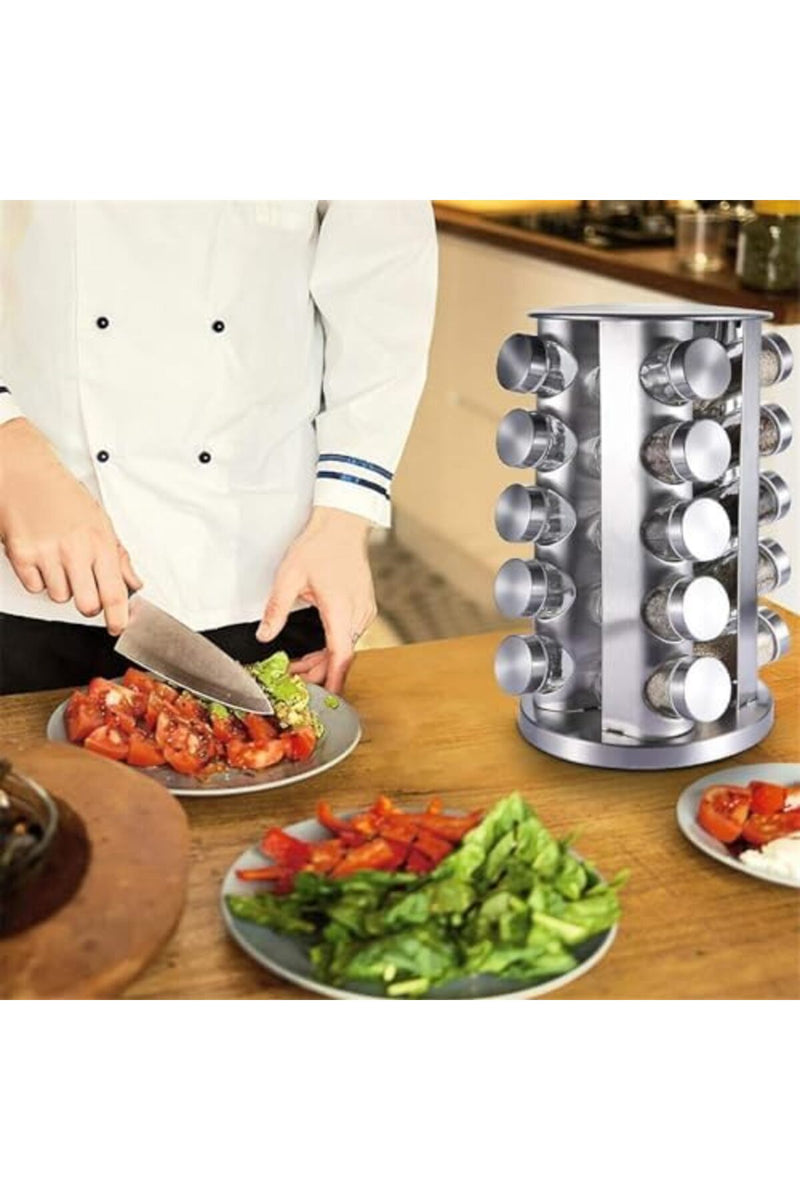 Revolving Spice Rack – 20-Piece Stainless Steel Spice Tower Organizer with Glass Jars