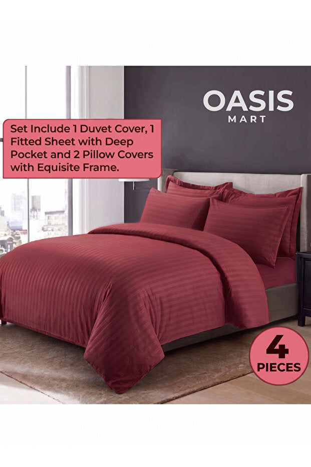 Striped King Size Bedding Set Bordeaux – 4-Piece Premium Linen