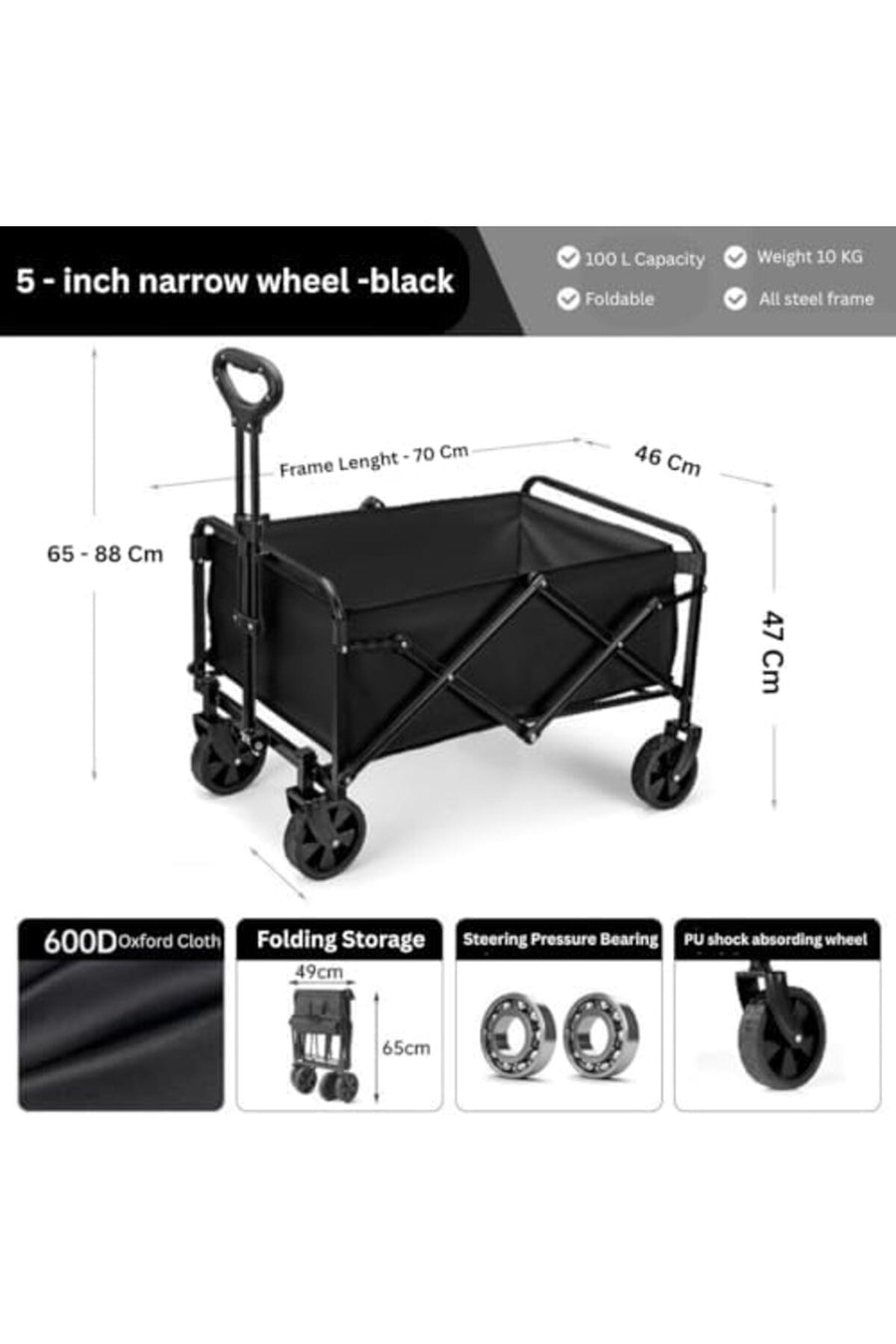 FFD Folding Outdoor Wagon Cart with 360° All-Terrain Wheels & Adjustable Handle – Heavy-Duty