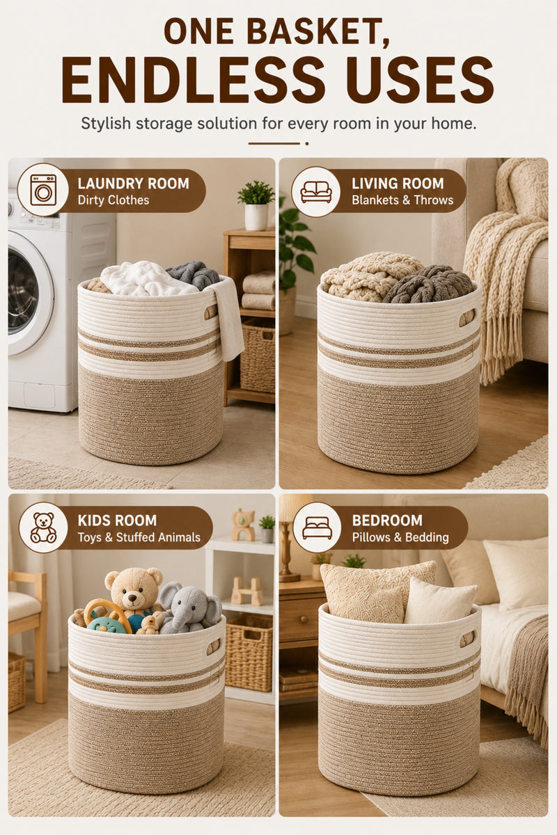 Large Cotton Laundry Hamper Basket – lifestyle bedroom view
