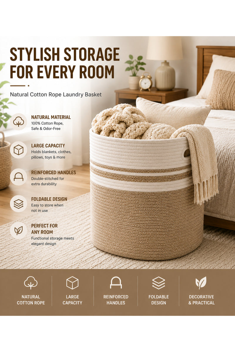 Large Cotton Laundry Hamper Basket – folded compact view