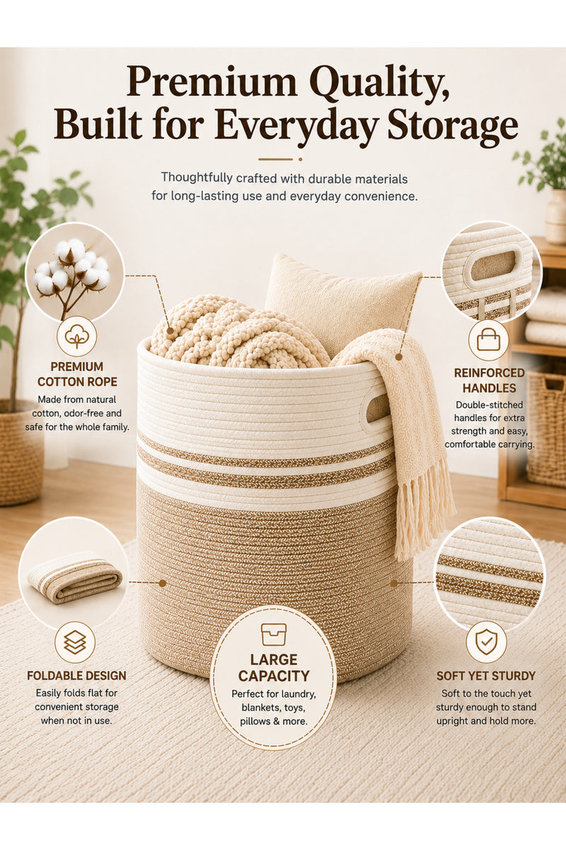 Large Cotton Laundry Hamper Basket – full product display