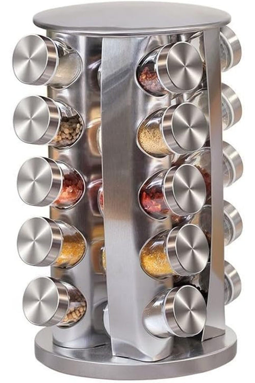 Revolving Spice Rack – 20-Piece Stainless Steel Spice Tower Organizer with Glass Jars